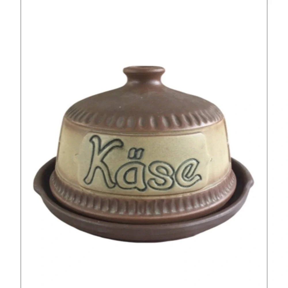 Vintage German Ceramic‎ Käse Cheese Dome Covered Dish Brown Beige Stoneware MCM